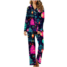 Set de pijamale de Crăciun pentru femei, cu mânecă lungă și nasturi