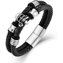 Herenarmband van leer met rozen- en doodskopmotief en stalen frame, 21 cm (8,3 inch)