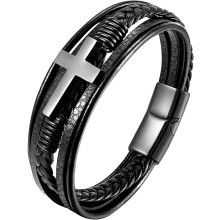 Bracciale con croce in pelle per uomo e donna, in acciaio inossidabile 316L con placcatura in oro 18 carati, con Cristo Gesù, multistrato, fatto a