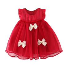 Kleider für Kleinkinder, Sommerkleidung für Babys, Modisches, süßes, ärmelloses, einfarbiges Netzkleid mit Schleife, Rot, 2 Jahre
