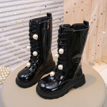 Girl's Long Barrel Martin Boots for Fall and Winter with Side Zipper Strap and Pearl Decoration Fleece Lined for Warmth British Style Shiny Boots