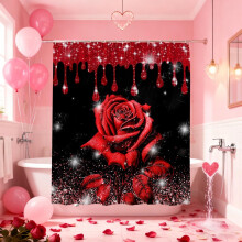Cortina de Chuveiro para o Dia dos Namorados, 150x180cm, Estampa Floral de Rosas e Corações
