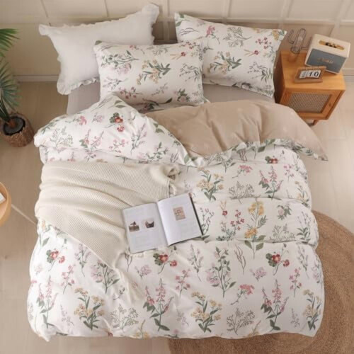 Parure de lit 3 pièces en coton à motif floral, format Queen, avec fermeture éclair. 1