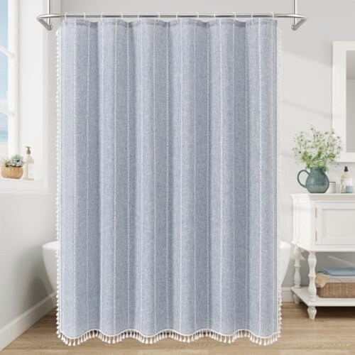 Boho långt duschdraperi blå polyester-linne 180x180 cm 1