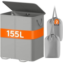 Double Laundry Hamper with Lid & Removable Bags, 155L Collapsible 2-Section Basket with Handles, Silver Gray