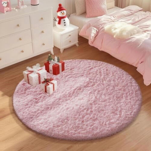 Rosa rundt fluffy shag-teppe 1,1 m – mykt, sklisikkert polyester 2