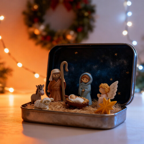 Mini Christmas Nativity Set Tin Box 2 Pieces 1
