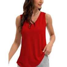 Blusa feminina regata com decote em V e barra arredondada, estilo túnica, casual, sem mangas e com modelagem solta, ideal para o verão.