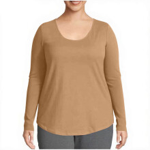 Camisetas femininas casuais lisas com gola redonda e mangas compridas, tamanhos P a 5XG.