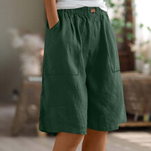 Dames zomerculottes met zakken, losse pasvorm, rechte pijpen, knielengte, voorgekrompen katoen-linnenlook, maten S-2XL
