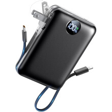 Prenosná powerbanka s kapacitou 10 000 mAh so vstavanými káblami a zásuvkou, 4 výstupy, rýchle nabíjanie 22,5 W cez USB-C, LED displej,