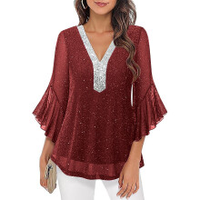 Dametoppe Pæne Casual Flæsekjoler3/4-ærmer Glitrende toppe Pailletter V-hals Chiffon Flagrende bluser Skjorter