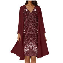Kvinders midikjole i chiffon med blomsterprint og V-hals og matchende cardigan med lange ærmer – Komfortabel, blød og let (Z02#Vin, L)