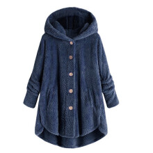 Dam vinterfleecejacka med huva, mjuk fleece-tröja, marinblå, plusstorlek 2-4XL