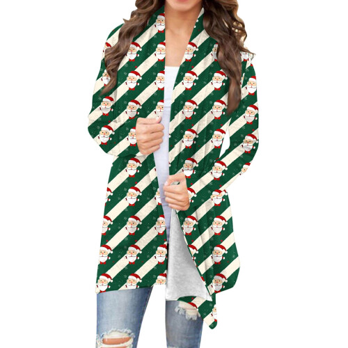 Damen-Strickjacke mit offenem Vorderteil, Weihnachtsmuster, lang