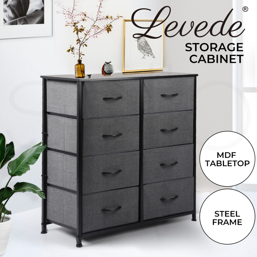 Levede 8 Drawer Fabric Dresser Wood Top Dark Grey