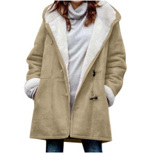 Dame vinterparka med sherpafor og hætte, lang ærtefrakke i imiteret ruskind, varmt overtøj med klassisk pasform, S-5XL, kompatibel med koldt vejr