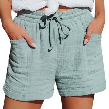 Shorts femininos, shorts casuais femininos com cordão na cintura elástica, shorts de praia de verão com bolsos.