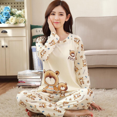 Dam Pyjamas Set Långärmad Topp Nattkläder Pyjamas K7P2 2