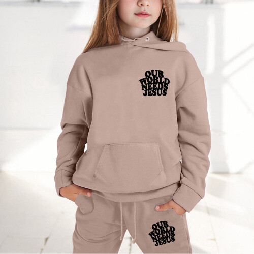 Conjunto infantil de moletom com capuz e calça de manga comprida bege 1