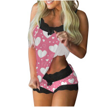 Kerstpyjamaset voor dames, 2-delig, met kanten details en print, mouwloos, tanktop en short, comfortabele nachtkleding voor thuis, maten S-2XL
