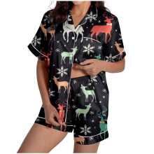Julepyjamas Familie Matchende Pyjamas Til Kvinder Sæt Jule Rensdyrprint Silke Satin Kortærmet Pyjamas Sæt med Knapper