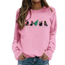 Damen-Weihnachts-Sweatshirt mit Katzenprint, langärmelig