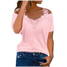 Blusas de verano para mujer, blusas de talla grande con cuello en V y manga corta, blusas sueltas de encaje con patchwork, camisetas casuales de moda