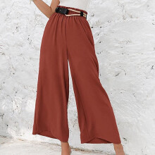 QLEICOM Damen-Hose aus Baumwoll-Leinen-Mischgewebe mit weitem Bein, elastischem Bund und Kordelzug, einfarbig rot, Größe L – Geeignet für Beruf