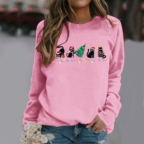 Damen-Weihnachts-Sweatshirt mit Katzenprint, langärmelig 1