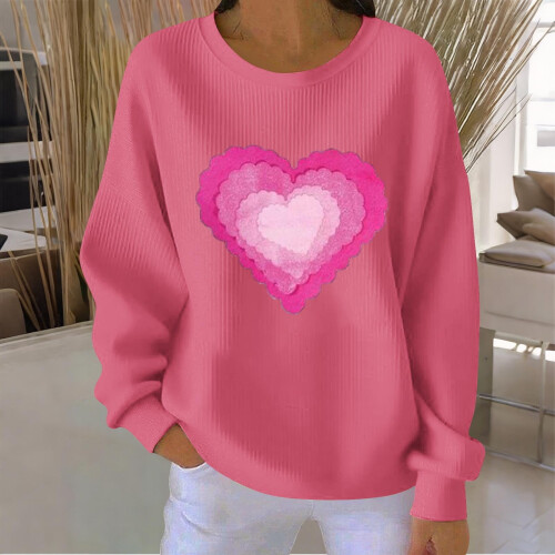 Felpa da donna a coste con scollo rotondo e cuore per San Valentino, lunga 1