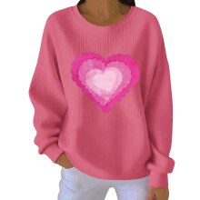 Sweat-shirt femme Saint-Valentin imprimé cœur, col rond côtelé, manches longues