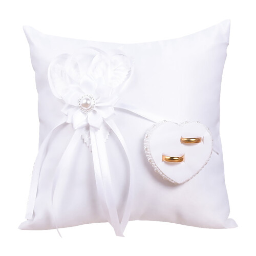 Coussin décoratif blanc pour alliances, 20 cm x 20 cm, en polyester
