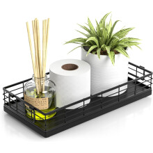 Panier à papier toilette, plateau de rangement de 33 cm en chêne et fer pour réservoir de toilettes, organisateur d'articles de toilette pour