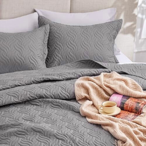 Ensemble de couette 3 pièces gris pour lit king californien, en polyester léger 2