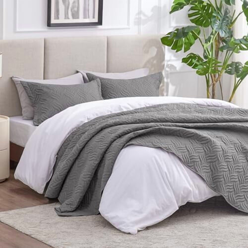 Ensemble de couette 3 pièces gris pour lit king californien, en polyester léger 1