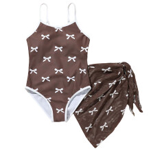 Maiô infantil feminino, modelo maiô de uma peça com detalhes em cores contrastantes, franzido nas costas e bojo, tamanho 7T/8T (cor café, 7-8