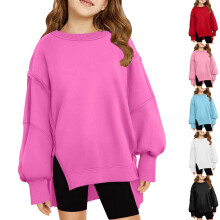 Lány pulóver, gyerek pulóver, lány túlméretezett kerek nyakú pulóver, hosszú ujjú, vállpántos pulóver, oldalsó hasítékkal, 5-14