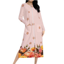 Vestido pijama floral feminino, manga comprida, modelagem solta com zíper frontal, forro de fleece dupla face, tamanhos P-2GG