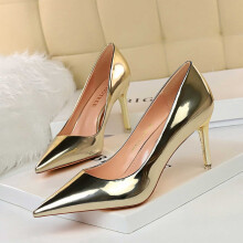 Scarpe con tacco alto da donna, eleganti, con tacco in metallo, scarpe con tacco alto metallizzato e punta affusolata, colore oro, taglia 6.5.