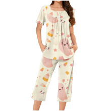 Comfortabele damespyjama met Halloweenprint, korte mouwen, capribroek en zakken, nachtkleding voor thuis, maten S-3XL