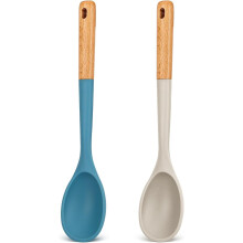 Conjunto de 2 colheres grandes de silicone para cozinhar, 33,5 cm, antiaderentes e resistentes ao calor, com cabo de madeira – compatíveis com