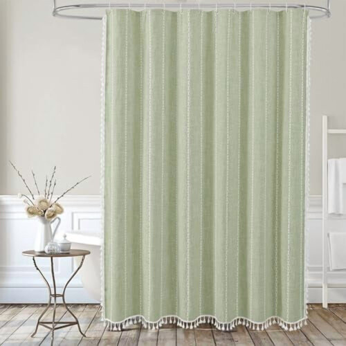 Κουρτίνα μπάνιου Sage Green Boho 72x84 ίντσες από πολυεστέρα και λινό 1