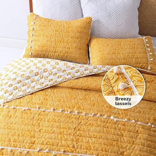 Boho yellow twin quilt set with tassels 2 pcs 2