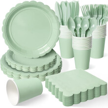 Ensemble de vaisselle jetable vert sauge pour 50 personnes