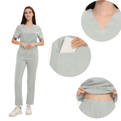 Σετ Scrubs for Women2Piece για γυναίκες, μονόχρωμο τοπ με κοντό μανίκι και V λαιμόκοψη, 2