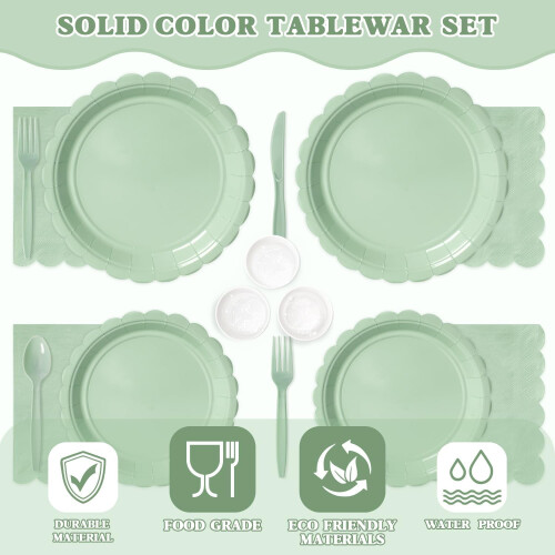 Ensemble de vaisselle jetable vert sauge pour 50 personnes 2