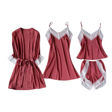 Minimalistischer Damen-Nachtwäsche-Set mit Spitzenbesatz, 4-teilig: Top, Nachtkleid, Shorts und Morgenmantel, Größen S-2XL