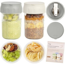 Overnight-Oats-Behälter mit Deckel, Klapplöffeln und unterteiltem Fach – 473-ml-Glasbehälter für Haferflocken, Joghurt, Parfait (2er-Pack,