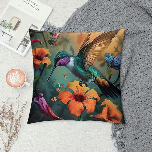 Față de pernă cu model colibri abstract – pluș scurt, 45x45cm 1